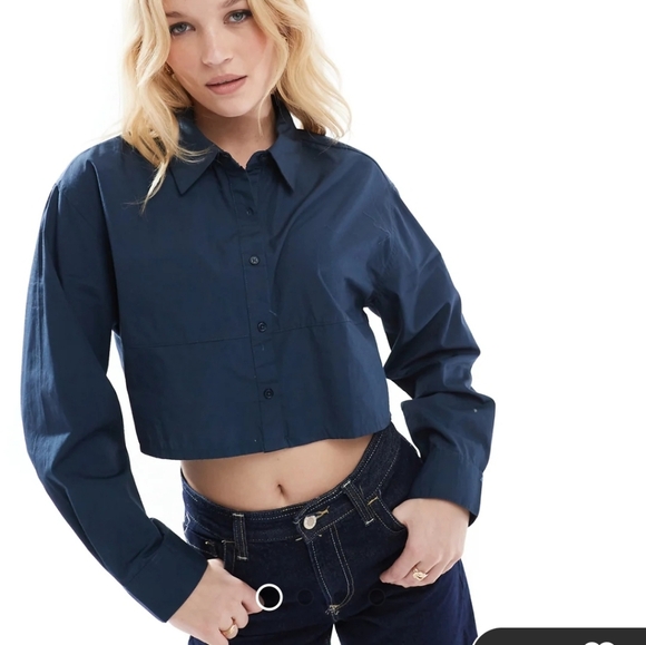 Pull & Bear Navy Blue Cropped Long Sleeve Shirt - Picture 1 of 7